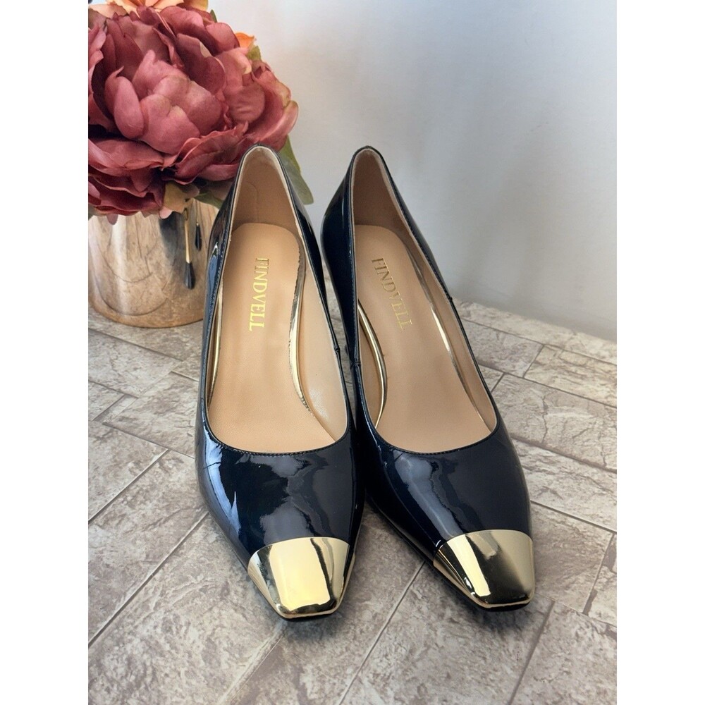 Findvell Heels Womens Size 7 Blue Gold Stiletto Kitten Heel Square Toes - Picture 7 of 13